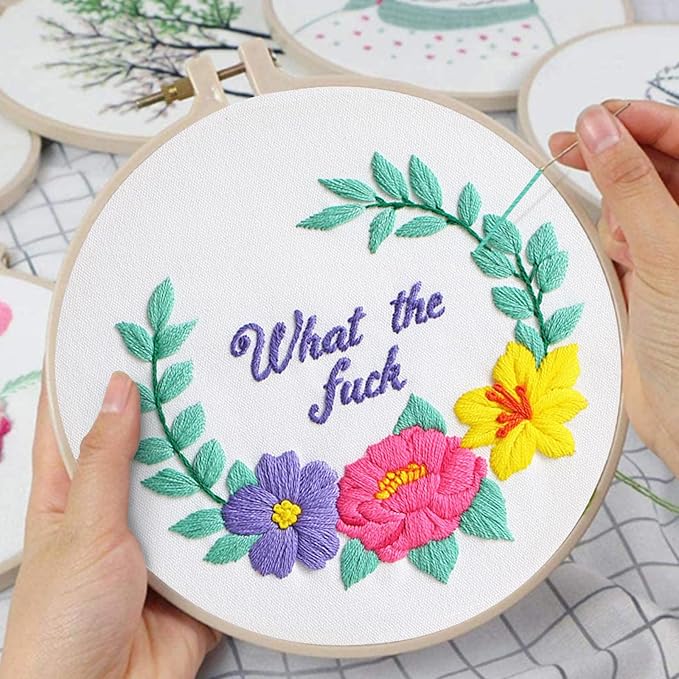 Louise Maelys Funny Embroidery Kits for Beginners,Cross Stitch Kit for Adults Starters,DIY Needlepoint with Floral Flower Wreath Pattern