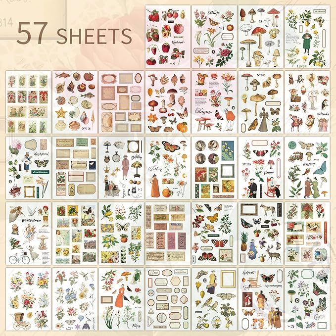 emmoolife Vintage Washi Sticker for Scrapbooking, Ephemera Sticker Book for Journaling with 512 Botanical Stickers & 25 Scrapbook Papers, Ephemera for Junk Journal, Journaling Supplies for Crafts