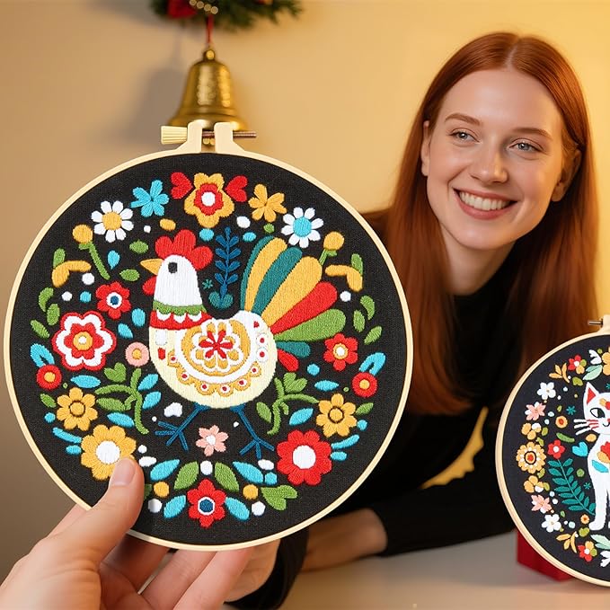 Animals Hand Embroidery Kits for Beginners Adults, Flowers Cat Embroidery Starter Kits, Cross Stitch Kits for Beginners Needlepoint DIY Kits for Adults, 2 Embroidery Hoops【Full-length Video Tutorial】