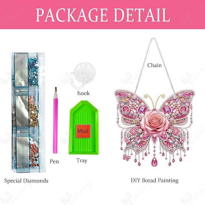 Yunzlly DIY Hanging Diamond Art Pendant Kit, Special Crystal Double Sided Diamonds Painting Ornament Kit for Adults, Acrylic Gem Painting Board for Window&Door&Wall (Pink Butterfly)