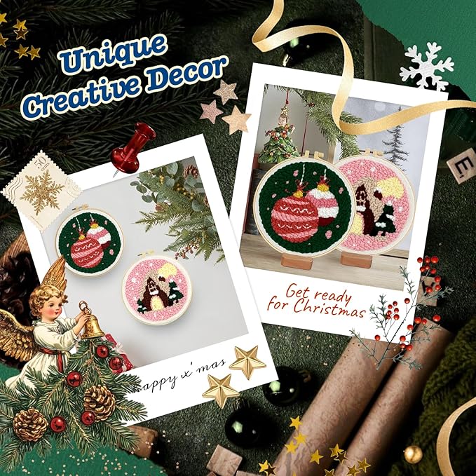 yuegool 2PCS Christmas Punch Needle Decoration Kit, Easy DIY Punch Needle Embroidery Kit for Beginners & Adults Including Patterns, Tools, Yarns, Hoop, Instruction, Bracket Art Craft Supplies