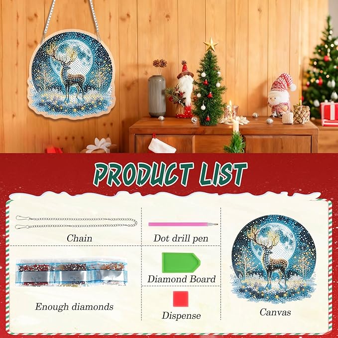 EMIEAUFG Christmas Diamond Art Hanging Kit for Adult, Xmas Deer Diamond Art Pendants, Double Sided Acrylic, 5D Special Shaped Rhinestone, Diamond DIY Ornament for Window Home Wall Decor