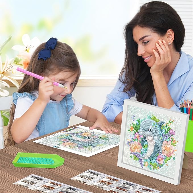 SENQAO Dolphin Diamond Art Kit for Adults with Frame Art and Crafts for Adults Ages 6-8 -10-12 Easy to DIY Diamond Art for Adults and Adult Beginners Home Wall Decoration 7.1x7.1inch