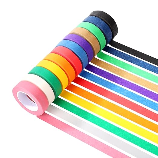 Colored Masking Tape 12PCS-Painters Tape, 12 Color Tape Rolls,Colored Painters Tape Perfect for Kids Art Supplies, Crafting, Labeling, DIY Projects, Easy Tear & Removable Adhesive (0.6in*39Ft)