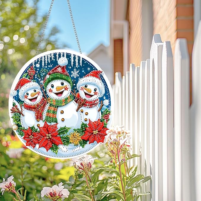Wergund 5D DIY Christmas Diamond Art Hanging Kits, Hanging Diamond Art Snowman, Acrylic Special Shaped Rhinestone, Window Hanging Pendants for Home Wall Garden Front Door Outdoor Decor Gift(Christmas)