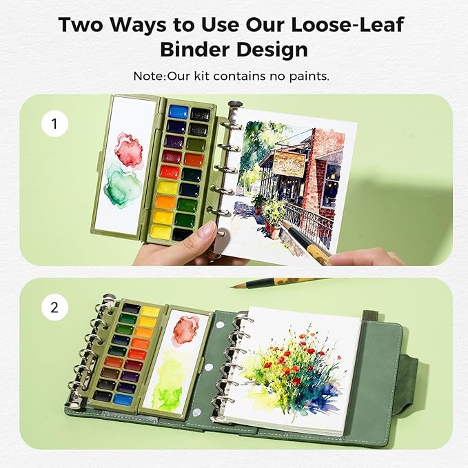 Portable Watercolor Sketchbook Set - 100% Cotton Hot Press 5.1x4.3 Inch 20Sheets Binder Art Journal with 18-Well Ceramic Paint Palette & Travel Watercolor Brushes for Artists Outdoor Painting