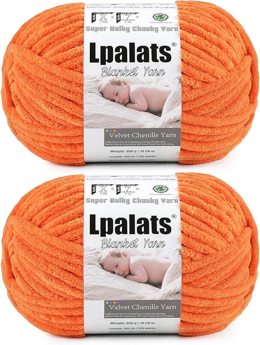 Baby Blanket Yarn for Crocheting - 2 Pack of 300g (Total 600g/21.2oz) Super Fluffy Chunky Chenille Yarn for Hand Knitting, 230 yds Super Bulky Plush Yarn for Cozy Blankets and Amigurumi (2, Orange)