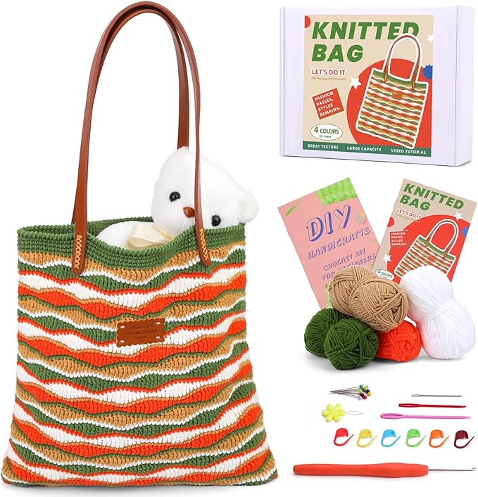 Pnytty Crochet Bag Kit for Beginners Complete Starter Set with Yarn, Hook & Step-by-Step Video Tutorials DIY Shoulder Bag Crafting Gift for Adults (Rainbow)