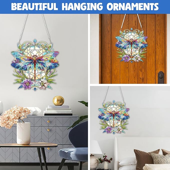 NAIMOER DIY Hanging Diamond Art Kits for Adults, Dragonfly Diamond Painting Kits, Special Shaped Rhinestone, Acrylic 5D Gem Art Craft Window Pendants Home Garden Wall Hanging Ornament Kits