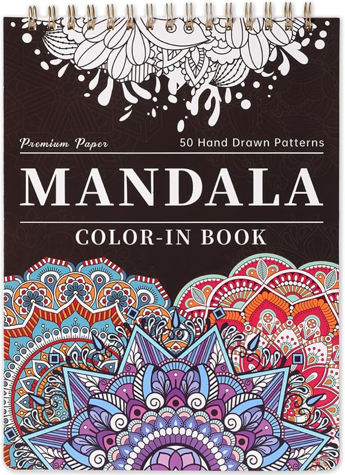 Mandala Coloring Book for Adults - 9" x 12" Coloring Book Spiral Bound, 50 Hand Drawn Mandalas Patterns for Relaxation & Stress Relief, Mindfulness Gifts