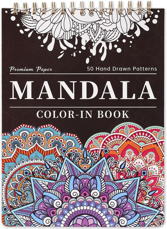 Mandala Coloring Book for Adults - 9" x 12" Coloring Book Spiral Bound, 50 Hand Drawn Mandalas Patterns for Relaxation & Stress Relief, Mindfulness Gifts