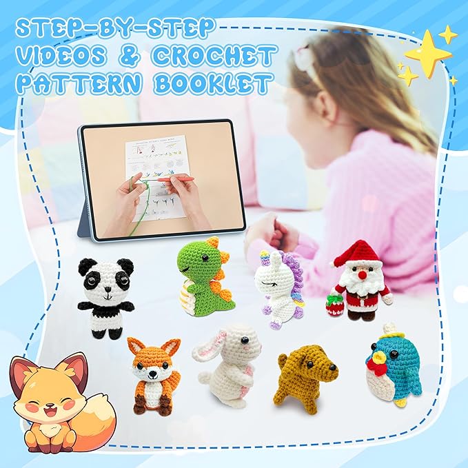 huashiluo 8pcs crochet kit for beginners, 2026 diy craft for adults and kids, great gift for crochet lovers, crocheting animal kits with step by step videos,yarn,crochet hook