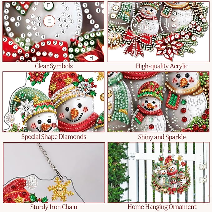 CEOVR Christmas Hanging Diamond Painting, Snowman Special Shape Diamond Art, Christmas Winter DIY Gem Art Craft for Adults, Acrylic Home Garden Decor with Chain, Box Kit 7.79x7.79In