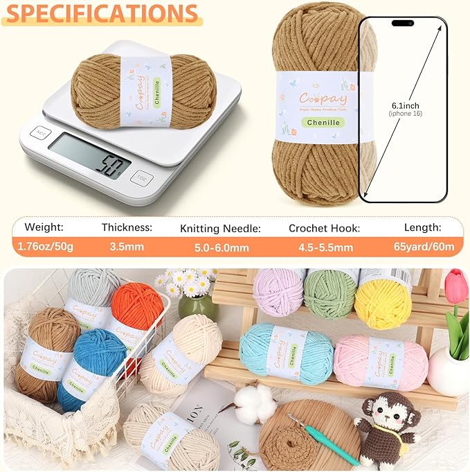 Coopay Chenille Yarn for Crocheting, 8 Pack Medium Weight Yarn - CYC #4 - Total 520yd, Soft Crochet Yarns for Plush Toys, Blankets, Scarves (Brown)