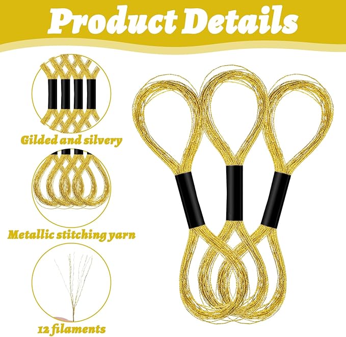 12 Skeins Metallic Embroidery Thread, Embroidery Floss Metallic Thread Glitter Threads String Cross-Stitch Threads for Sewing Making Yarn Hand Accessories(Gold)