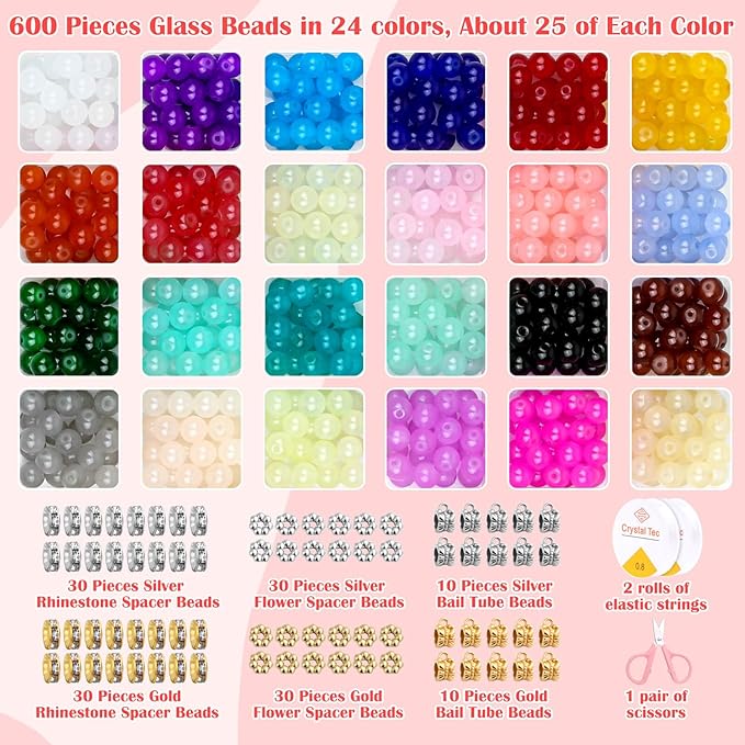 753 Pieces Glass Beads Bracelet Making Kit, Shynek 24 Color Glass Beads for Jewelry Making with Spacer Beads, Bail Tube Beads, Charms and Elastic String for Bracelets