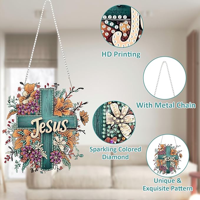 SENQAO Cross Flower Diamond Art Hanging Kit for Adult, Special Shaped Rhinestone,DIY Acrylic 5D Diamond Art Painting Window Pendants Home Garden Wall Hanging Kits Hanging Ornament（Jesus）