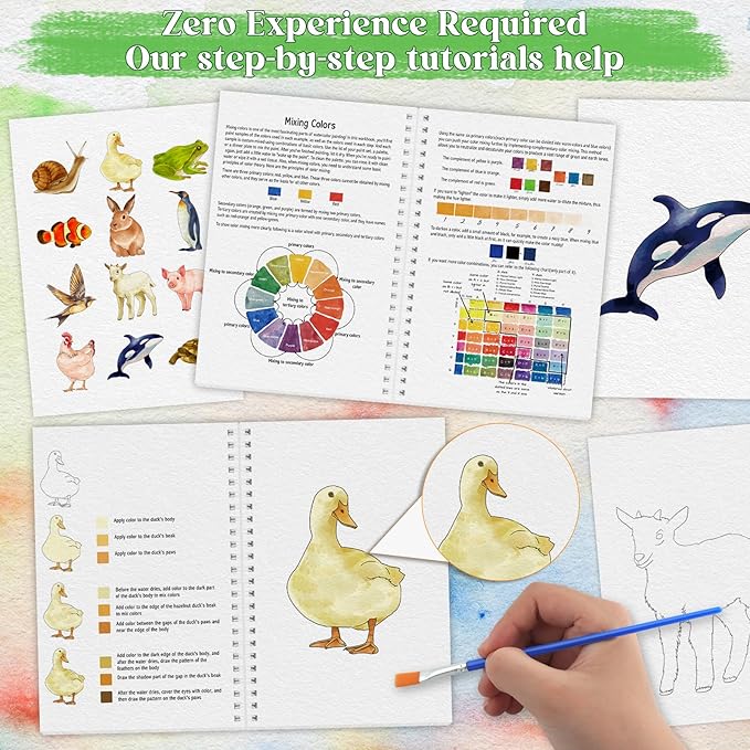 Beginners Watercolor Workbook for Adults -Step-by-Step Coloring Book Set-12 coloring book pages - Includes 16 color blocks and a brush - Professional Watercolor Paper: 300gsm/140lb (Animals)