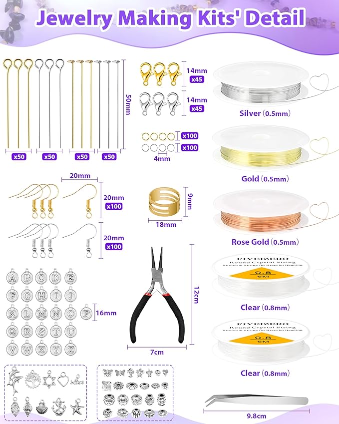 FIVEIZERO Jewelry Making Kit - 1956 PCS Natural Chip Stone Beads(25 Colors, 4-12mm) with Crystal Beads, Metal Charms, Jump Rings & Earring Hooks for DIY Bracelets, Necklaces, Earrings
