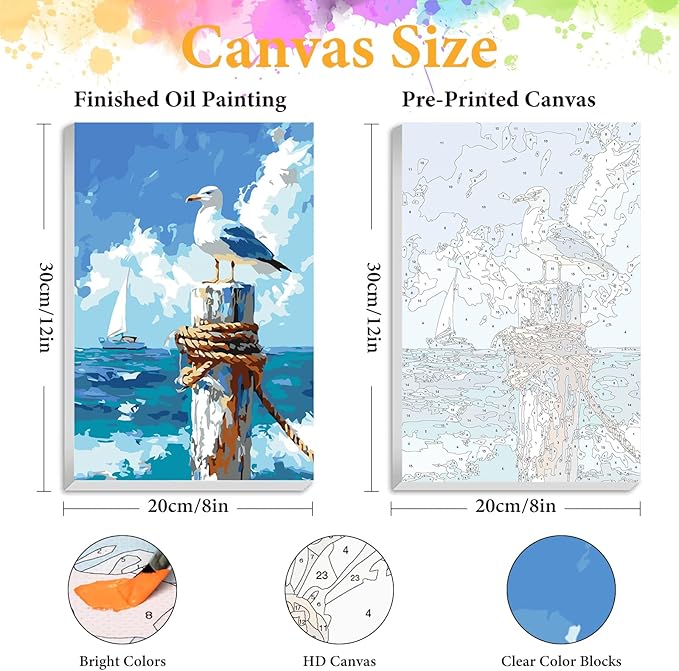 Framed Paint by Numbers Kit for Adults Beginner Seagull, Adult Paint by Number Kits on Canvas Framed Seascape, DIY Acrylic Oil Painting by Numbers with Frame, Perfect for Home Decor Gift 8 X 12 Inch
