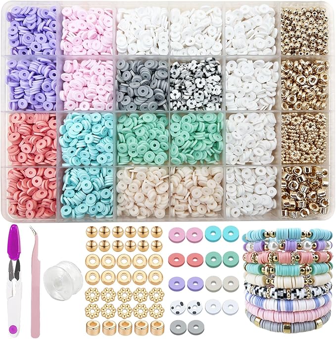 MIIIM Pastel Clay Beads Kit for Bracelets Making, Heishi Beads, Clay Charms and Gold Spacer for Jewelry Making, Friendship Bracelet Kit for Crafts, Concert, Raves, Gifts