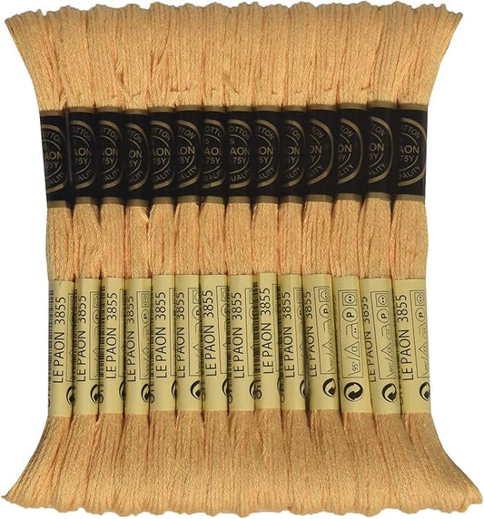 LE PAON Embroidery Floss, 14-Pack Six Strands 100% Long Staple Cotton Embroidery Thread, 8.7-Yard，Color Number：3855, Light Autumn Gold