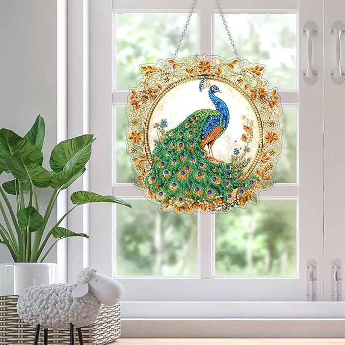 SKRYUIE Peacock Hanging Diamond Art Kits for Adults Pendant Suncatcher, Special Shaped Crystal DIY Pearl Diamond Painting Kit, Gift for Mother Spring Summer Window Wreath Decor 7.88 x 7.68 Inch D7