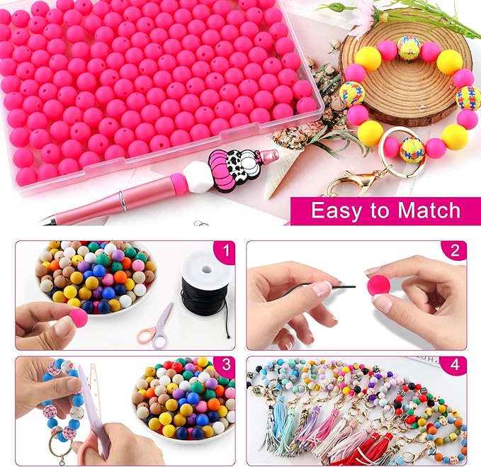 160Pcs 12mm Silicone Beads for Keychain Making Bracelet Necklace, Bulk Round Silicone Beads for Pens（Hot Pink）
