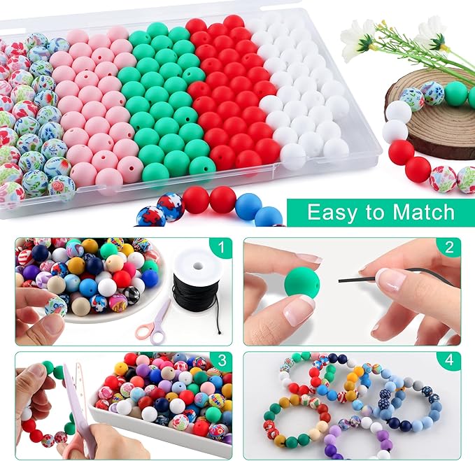 150Pcs Mixed Color 15mm Silicone Beads for Keychain Making, Pink Red Green Print Silicone Beads for Pens and Bracelet Jewelry Making