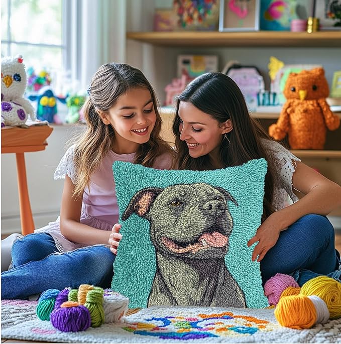 DIY Latch Hook Pillow Kits for Adults Cartoon Pitbull Dog Printed Pillowcase Crochet Yarns Hooking Handmade Pillow Cover Cushion for Home Sofa Decoration 17x17inch-9