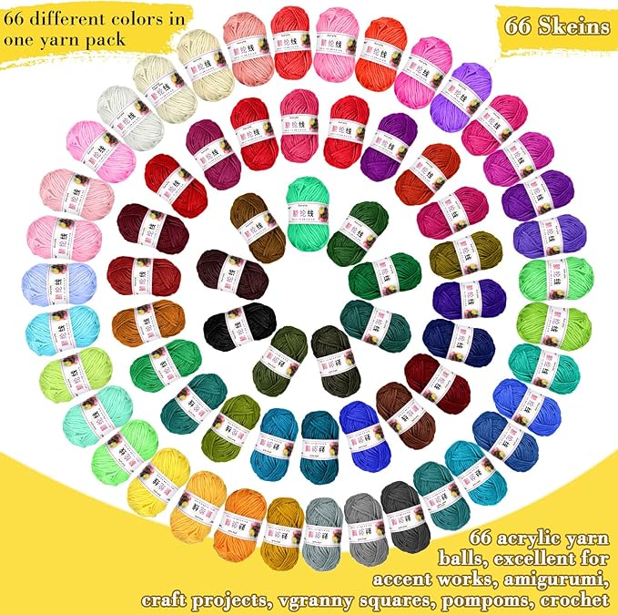 Timtin 66 Rolls Yarn Bulk for Knitting Assorted Colors Crochet Yarn Multipack 2887 Yards Knitting Acrylic Thread Mini Soft Cord Bundle Cord Skeins for Hand Weaving Craft Project Beginner Kit