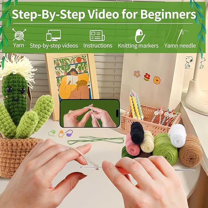 FLORALUNA Crochet Kit for Beginners – DIY Crochet Plants & Succulents Set with Yarn, Hook, Patterns – Make Crochet Hanging Plant Decor, Fake Plants for Home, Gift for Craft Lovers (3 PCS)