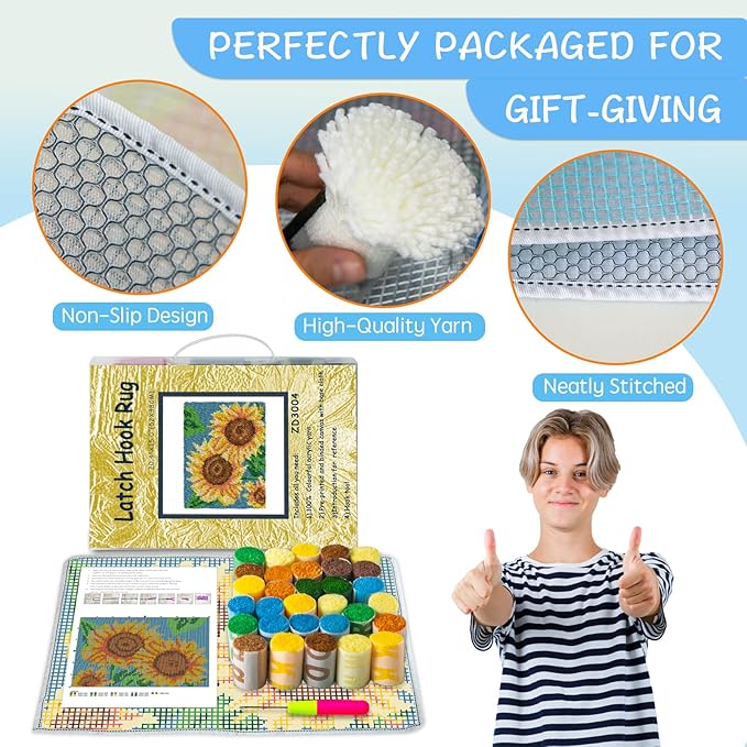 ZFFLYH Latch Hook Rug Kits DIY Needlework Unfinished Crocheting Rug Yarn Cushion Mat for Kids/Adults with Printed Canvas Pattern, 52X38cm Sunflower