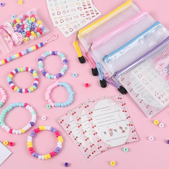 Rujiaoa Pony Bead Kit, 24 Pack Bulk Bracelet Making Kits for Party & Classroom Activities, Pre-Packed Group DIY Set with Beads, Cords, Bags & Instructions