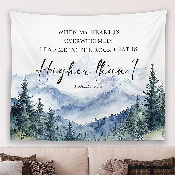 MNASAIOO Christian Mountian Woods Wall Tapestry Hanging for Bedroom, Bible Verse Scripture Psalm 61:2 Tapestry, Watercolor Religious Tapestries Wall Decor for Living Room Prayer Room Church 50x60in