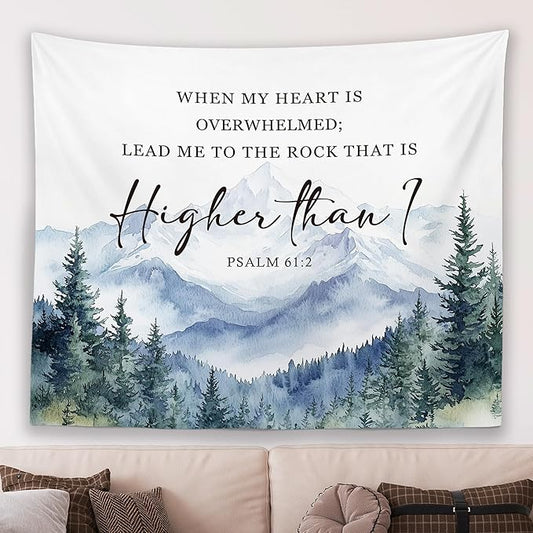 MNASAIOO Christian Mountian Woods Wall Tapestry Hanging for Bedroom, Bible Verse Scripture Psalm 61:2 Tapestry, Watercolor Religious Tapestries Wall Decor for Living Room Prayer Room Church 50x60in