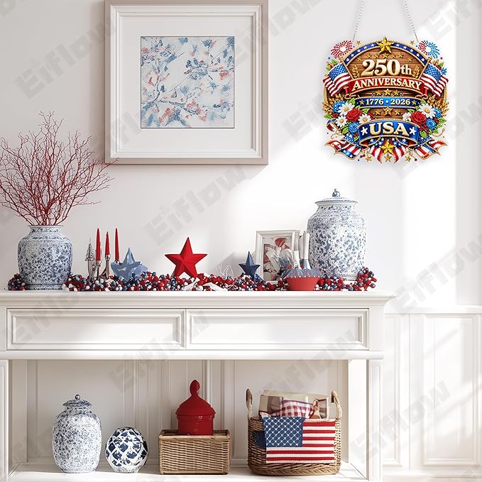 Eiflow 250th Anniversary USA Diamond Art Hanging Kit for Adults, DIY Acrylic Diamonds Painting Door Hanger Board Kit, Crystal Diamond Art Painting Pendant Ornament (4th of July Eagle)