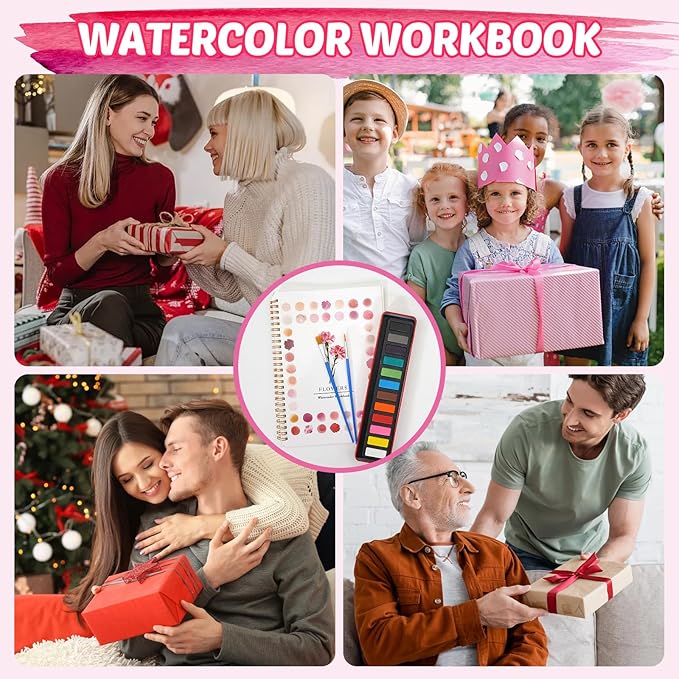 Watercolor Workbook for Adults Watercolor Coloring Books for Adults Beginners, Easy Water Coloring Book, Flower Water Color Paint Set Painting Kit with 1 Spiral Sketchbook, 12 Colors, 2 Brush 1 Bucket