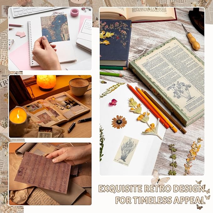 BILLIOTEAM Junk Journal Pages Vintage Handmade Scrapbook Sheets, Including Magazine, Newspaper, Sheet Music and Kraft for Scrapbooking Decoupage Background DIY Craft Decoration 120PCS