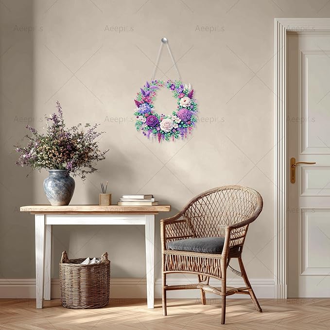 Aeepics Hanging Diamond Art Kit for Adult, DIY Diamonds Painting Pendant Ornament Kit, Acrylic Diamond Art Painting Board Kit (Purple Flower Wreath)