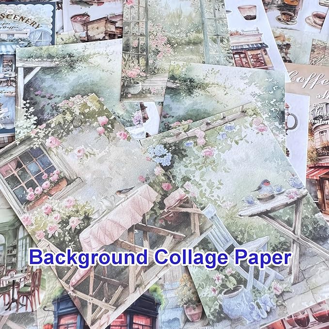 64 Sheets Vintage Floral Scrapbooking Kit, Precut Floral Natural Garden Flowers Butterfly Transparent PET and Washi Stickers with Scrap book Paper for Scrapbook Supplies Junk Journals Craft (Street)
