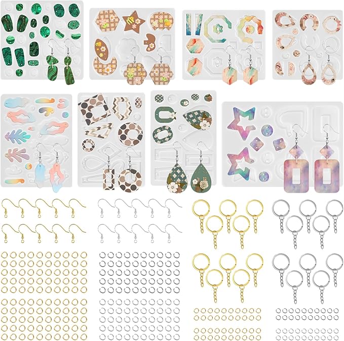 RESIN GO Epoxy Resin Earring Molds, 328 PCs UV Resin Jewelry Molds Kit with Holes, Variety Shapes Keychain Pendant Necklace Bundle Complete Set Clearance, Silicone Molds for Teen Female