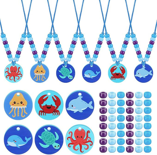 Ecally 24 Sets Under The Sea Bead Necklaces Making Kit Summer Ocean DIY Craft Blue Purple Bead Sunday School Craft Sea Animals Sharks Turtles Pendant Necklaces Themed Party Supplies Beach Party Favor