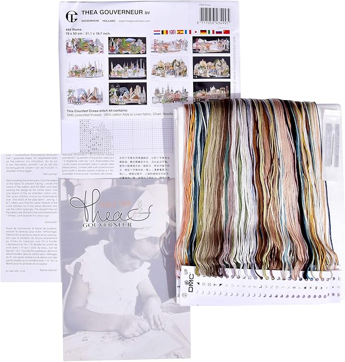 Thea Gouverneur - Counted Cross Stitch Kit - Rome Italy - Aida - 18 Count - Embroidery Kit for Adults - DMC Embroidery Threads and Other Cross Stitch Supplies Included - 499A