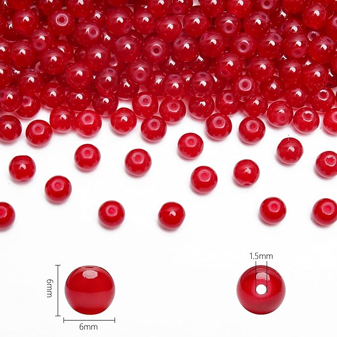 300PCs 6mm Red Jade Glass Beads Bulk, Round Smooth Hole Glass Crystal Beads for Jewelry Making, DIY Bracelets, Necklaces, Bag Charms, Keychains and Craft Projects