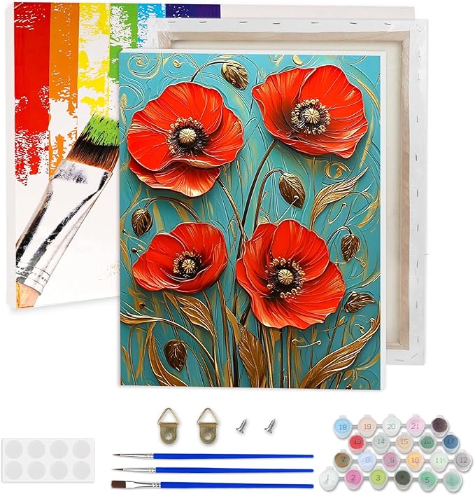 Lxmsja Red Poppies Paint by Numbers Kit for Adults, Acrylic Landscape Paint by Numbers for Adults Beginner, DIY Craft Supplies Oil Painting Kits for Home Wall Decor 12x16 inch (Framed)