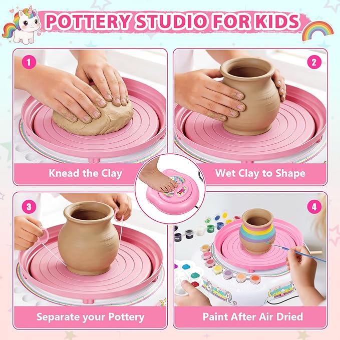 Pottery Wheel for Kids, Arts & Crafts Pottery Painting Toys Kit for Kids Ages 8-12, Unicorn Art Supplies with 3 Pack Air Dry Clay and Tools, Birthday Easter Gift for Girls Boys 6 7 8 9 10 11 12