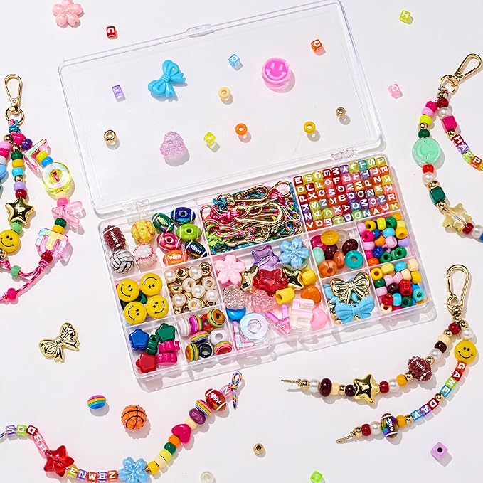 MYCUTEY DIY Keychain Making Kit-Beaded Keychain＆Bag Charm Craft Supplies with Keyrings,Cords and Colorful Football,Letter,Heart,Pony Beads for Women Kids,Personalized Name A-Z Jewelry Making Kit Gifts