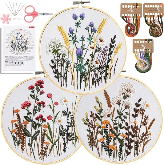Santune 3 Pack Embroidery Kit for Beginners, Needlepoint Cross Stitch Kits for Adults,Needle Point Sets with Stamped Wild Flower Pattern Stitch Video Tutorial