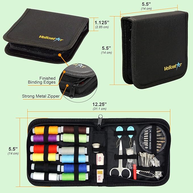 Vellostar Small Sewing Kit for Beginners – Portable Needle & Thread Travel Kit w/ 12 Thread Colors, Needles, Scissors & Measuring Tape for Emergency Clothing Repairs, Buttons, Hemming & Quick Mending